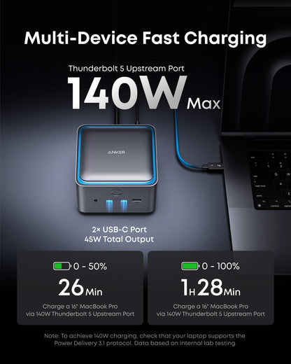 Anker Prime TB5 docking station with multiple ports, sleek design, and Thunderbolt 5 connectivity for high-resolution 8K displays.