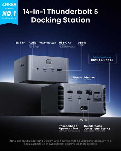 Anker Prime TB5 Thunderbolt 5 docking station with 14 ports, showcasing its sleek design and multiple connection options