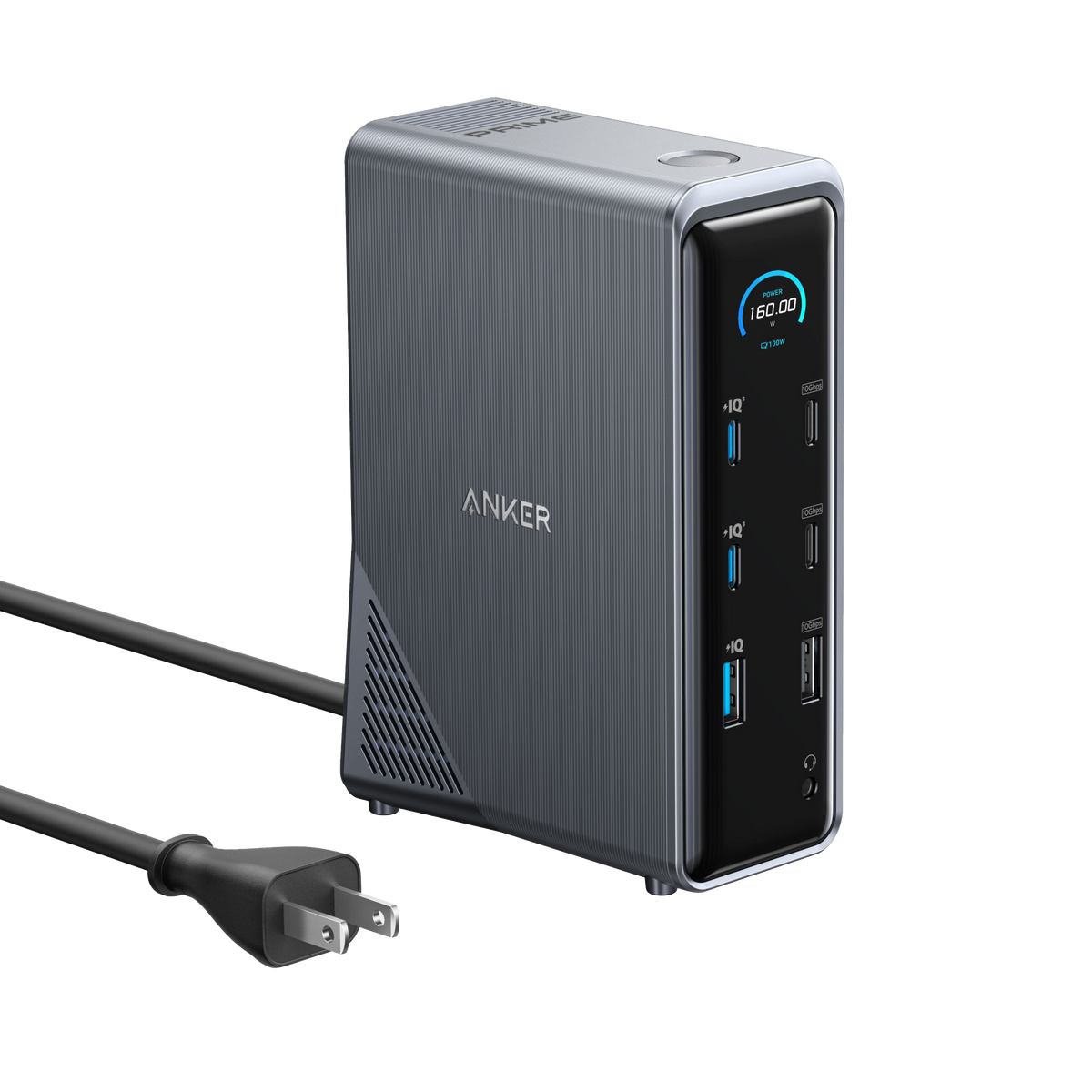 Anker Prime 14-in-1 docking station with dual display ports and 160W power, showing multiple connected devices and ports.