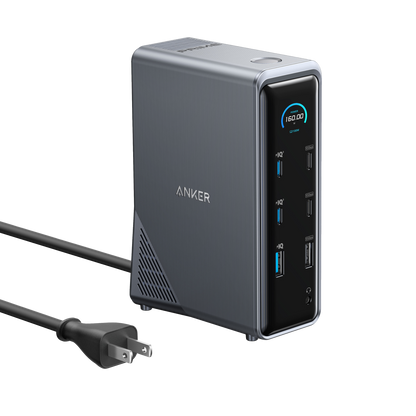 Anker Prime 14-in-1 docking station with dual display ports and 160W power, showing multiple connected devices and ports.