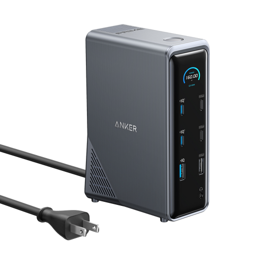 Anker Prime 14-in-1 docking station with dual display ports and 160W power, showing multiple connected devices and ports.
