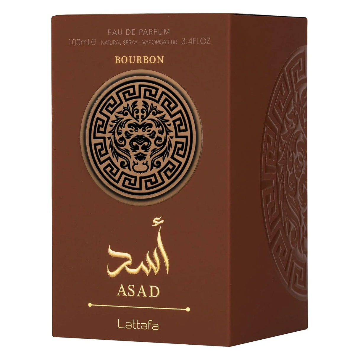 Blushimmer Lattafa Asad Bourbon unisex Eau de Parfum spray bottle, 3.4 oz / 100 ml, with sleek design and elegant packaging.