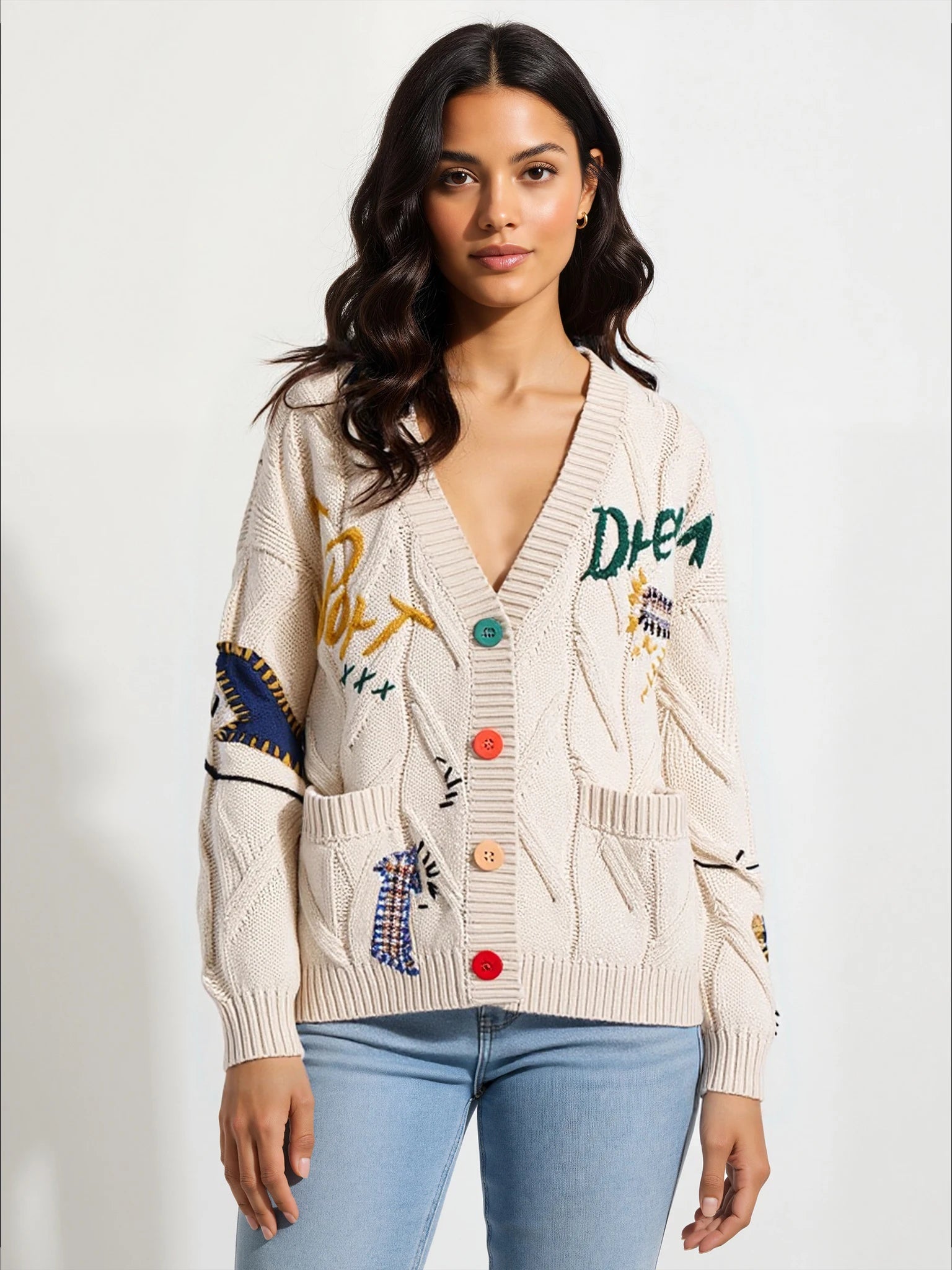 Women's Cable Knit Long Sleeve Open Front Cardigan Sheep V-Neck Button Down Embroidery Wool Blend Sweater Coat Outwear