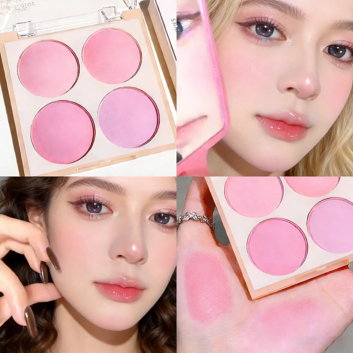 Blushimmer 3-piece matte blush powder set with four soft, low-saturation shades for natural, three-dimensional face makeup.