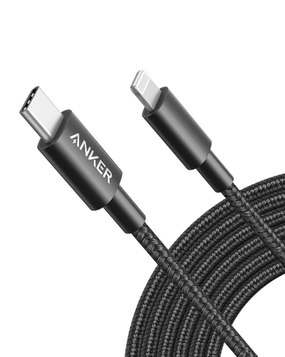 Anker 331 USB-C to Lightning charging cable showing a close-up of the black cable with USB-C and Lightning connectors.
