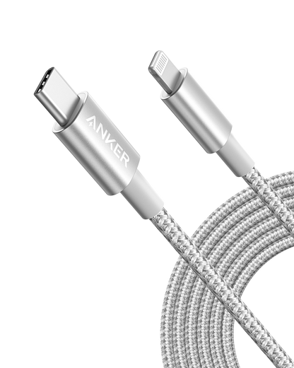 Anker 331 USB-C to Lightning charging cable with white connectors and flexible cable design for Apple device charging.