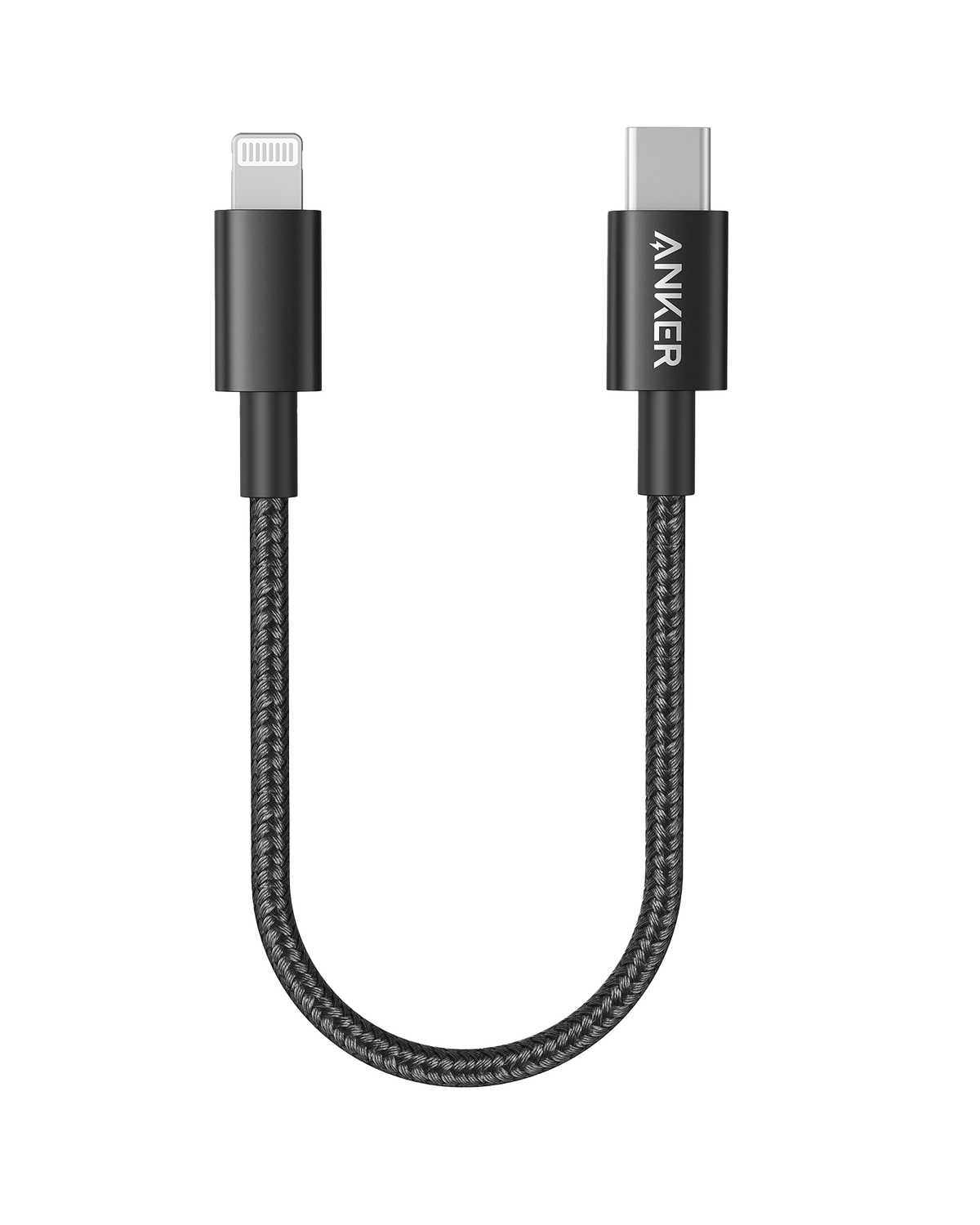 Anker 331 USB-C to Lightning charging cable, black, with USB-C and Lightning connectors visible.