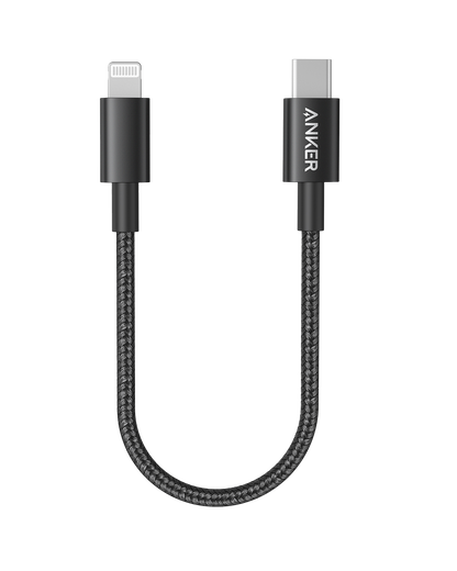 Anker 331 USB-C to Lightning charging cable, black, with USB-C and Lightning connectors visible.