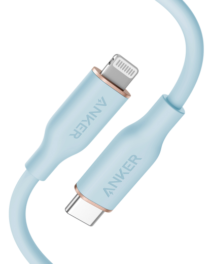 Anker 641 USB-C to Lightning silicone charging cable, black, with a USB-C connector on one end and Lightning connector on the other.