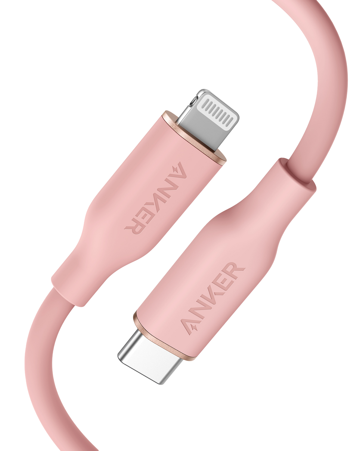 Anker 641 USB-C to Lightning Cable, 3 ft silicone flow design, showing the flexible, durable cable connected to a device.