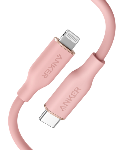 Anker 641 USB-C to Lightning Cable, 3 ft silicone flow design, showing the flexible, durable cable connected to a device.