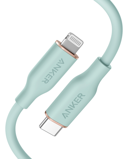 Anker 641 USB-C to Lightning silicone charging cable, showing the flexible pink cable with USB-C and Lightning connectors.