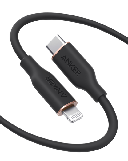 Anker 641 USB-C to Lightning cable, 3 ft silicone flow design, shown coiled with connectors visible for iPhone charging and data transfer.
