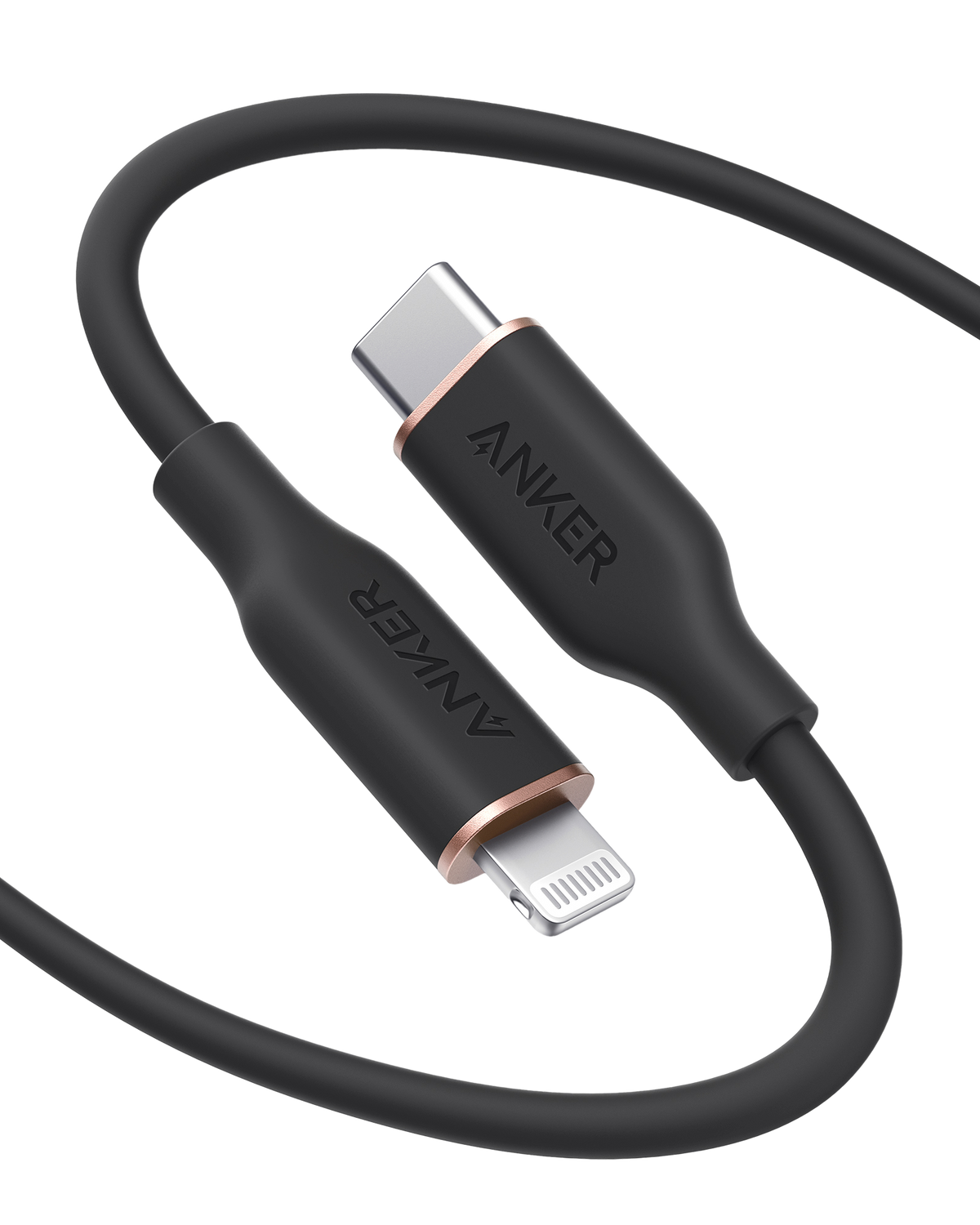 Anker 641 USB-C to Lightning charging cable with silicone insulation, shown coiled and ready for device charging.