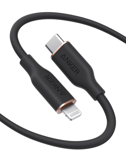 Anker 641 USB-C to Lightning charging cable with silicone insulation, shown coiled and ready for device charging.