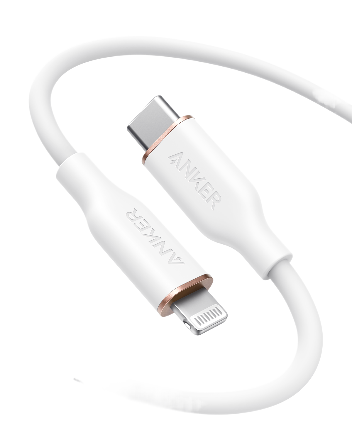 Anker 641 USB-C to Lightning cable in flow silicone design, 3 feet long, shown coiled with connectors visible.