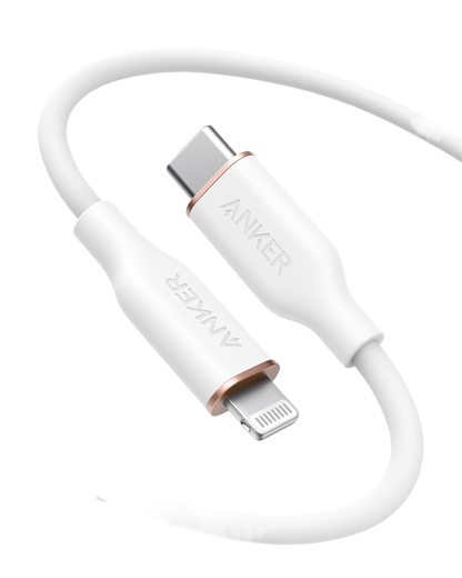 Anker 641 USB-C to Lightning cable in flow silicone design, 3 feet long, shown coiled with connectors visible.