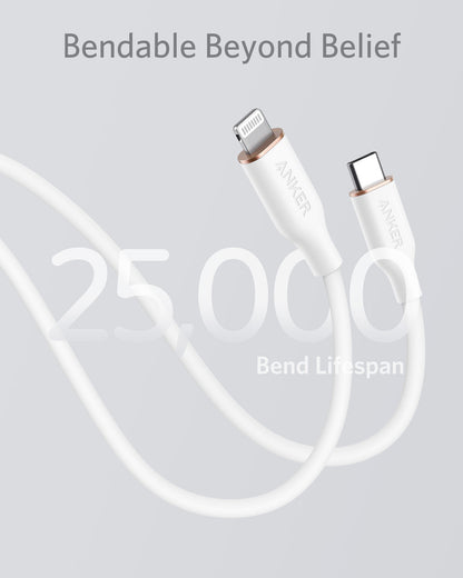 Anker 641 USB-C to Lightning cable in flow design, 3-foot length, silicone material, shown coiled for charging and data transfer.