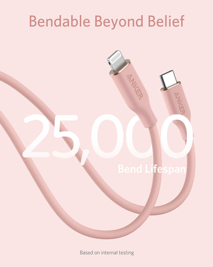 Anker 641 USB-C to Lightning cable in flow silicone, 3 feet long, shown coiled with connectors visible for charging and data transfer.