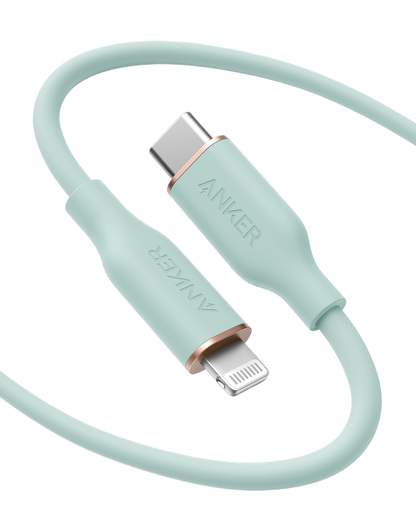 Anker 641 USB-C to Lightning cable in flow silicone, 3 feet long, with a sleek black design for fast device charging and data transfer.