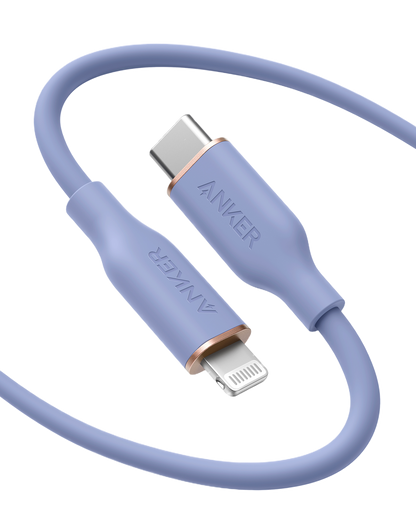 Anker 641 USB-C to Lightning cable with flow design, 3-foot length, silicone material, shown coiled with connectors visible.