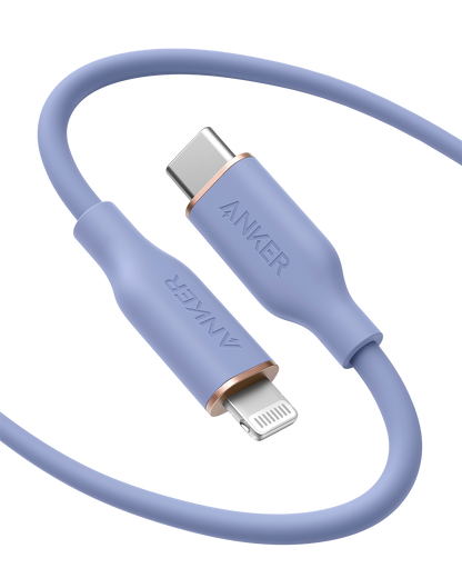 Anker 641 USB-C to Lightning silicone charging cable, black, with reinforced connectors and smooth design for Apple devices.