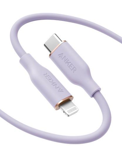 Anker 641 USB-C to Lightning Cable for charging, with flow silicone design, shown in close-up view.