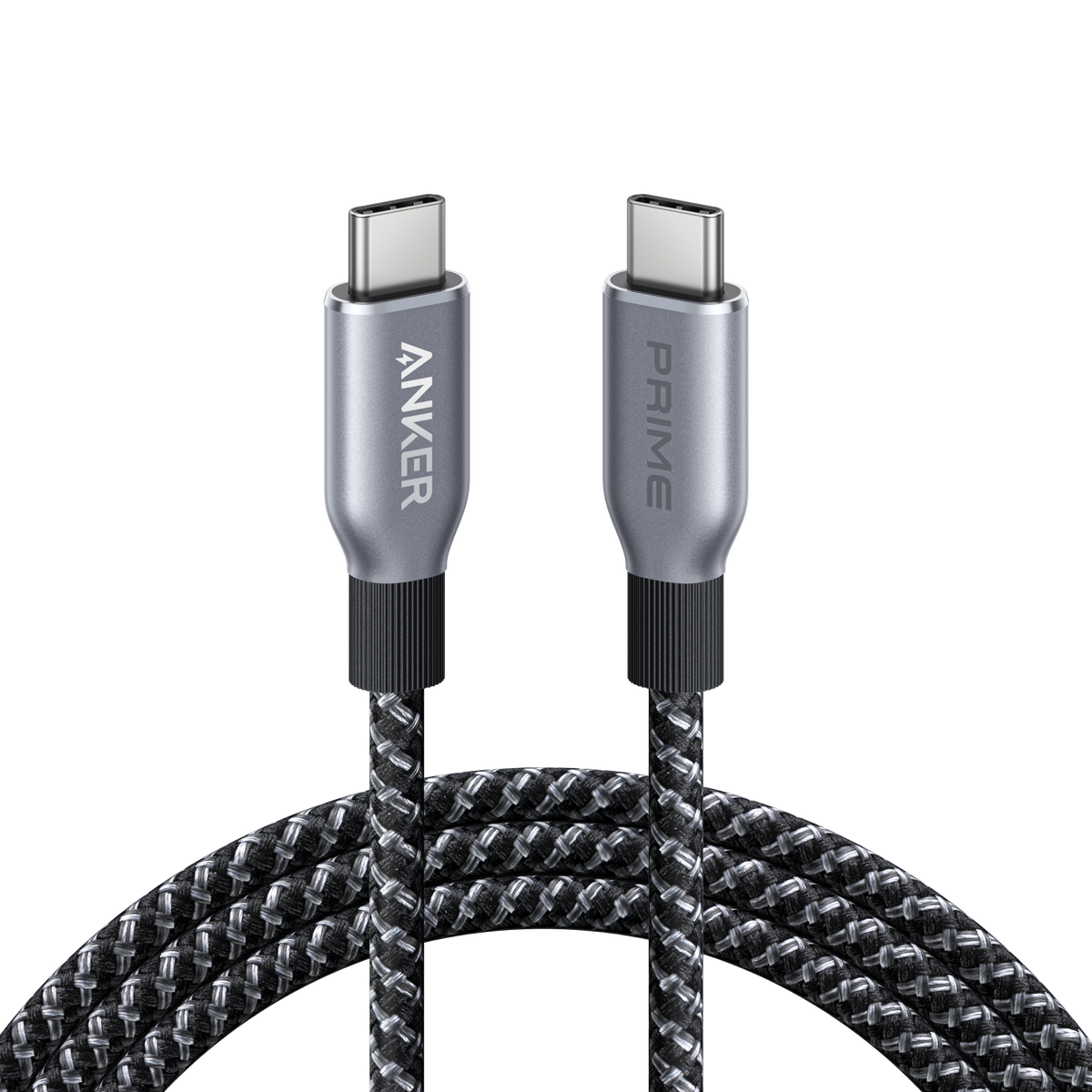 Anker Prime USB-C to USB-C cable with upcycled braided design, 240W power capacity, shown against a plain background.