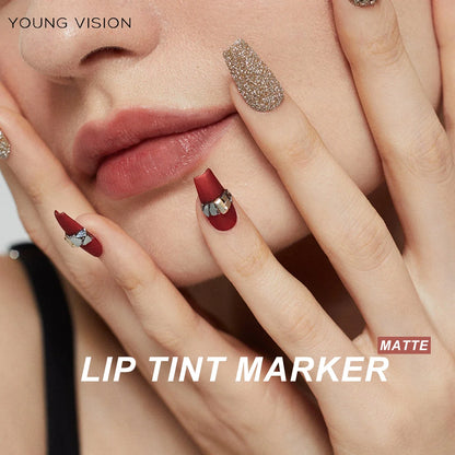 Blushimmer matte water lip tint pen with six color options, featuring smooth application and long-lasting stain effect.