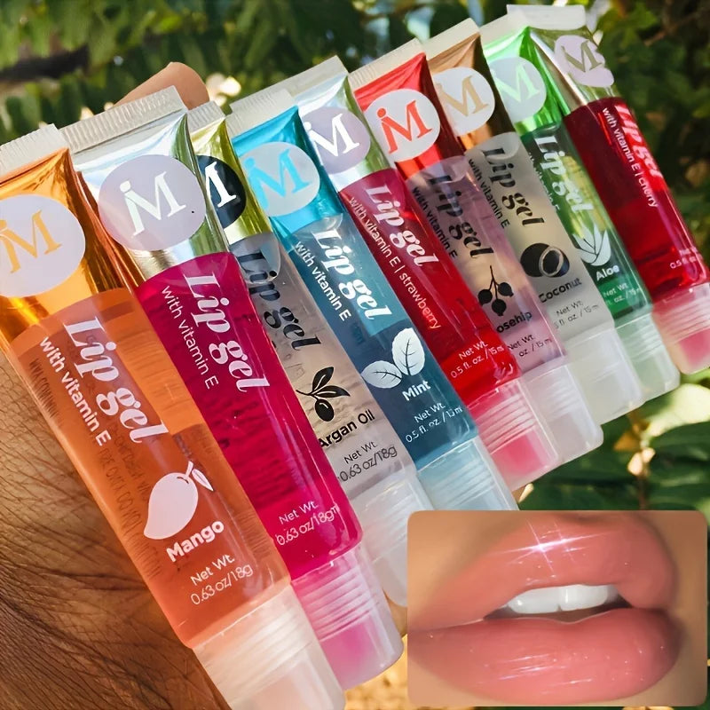 Set of 6 Blushimmer moisturizing clear lip glosses with rosehip, argan, peppermint, aloe, coconut flavors, translucent plumping oils