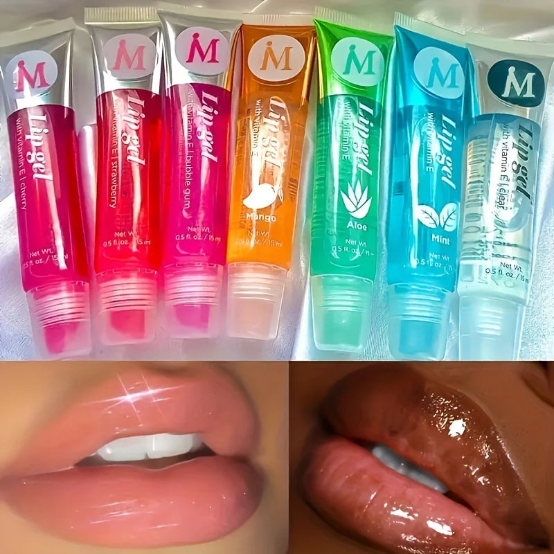 Set of 6 Blushimmer moisturizing clear lip glosses with rosehip, argan, peppermint, aloe, and coconut flavors in translucent plumping lip oils.