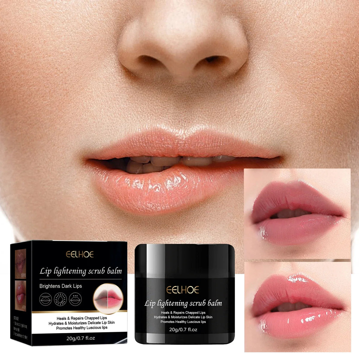 Blushimmer lip lightening scrub balm with exfoliating, moisturizing, and brightening properties for dark and smoky lips.