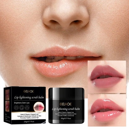 Blushimmer lip lightening scrub balm with exfoliating, moisturizing, and brightening properties for dark and smoky lips.