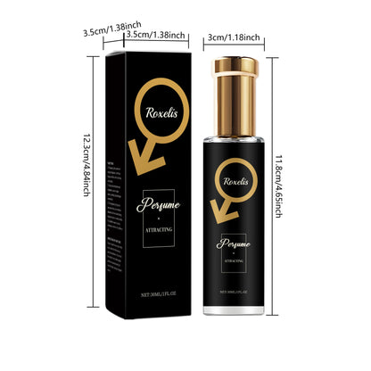 Roxelis 30ml men's pheromone perfume by Blushimmer featuring cedar fragrance, sleek bottle, and a romantic, fresh scent.