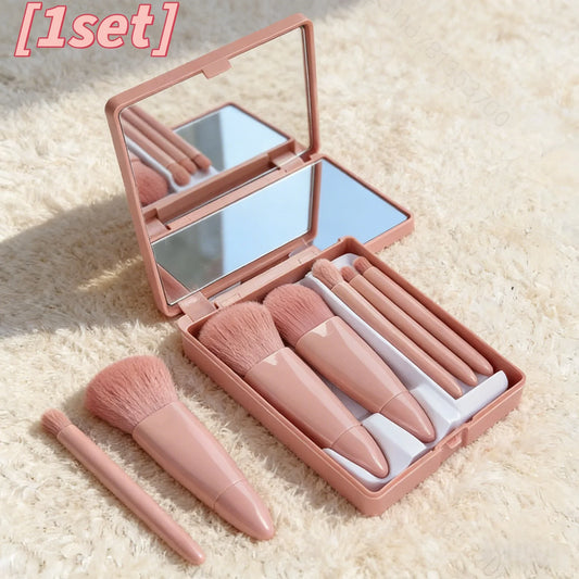 Blushimmer pink makeup brush set with mirror compact, 5 soft bristle brushes for blush, eye makeup, and foundation application.