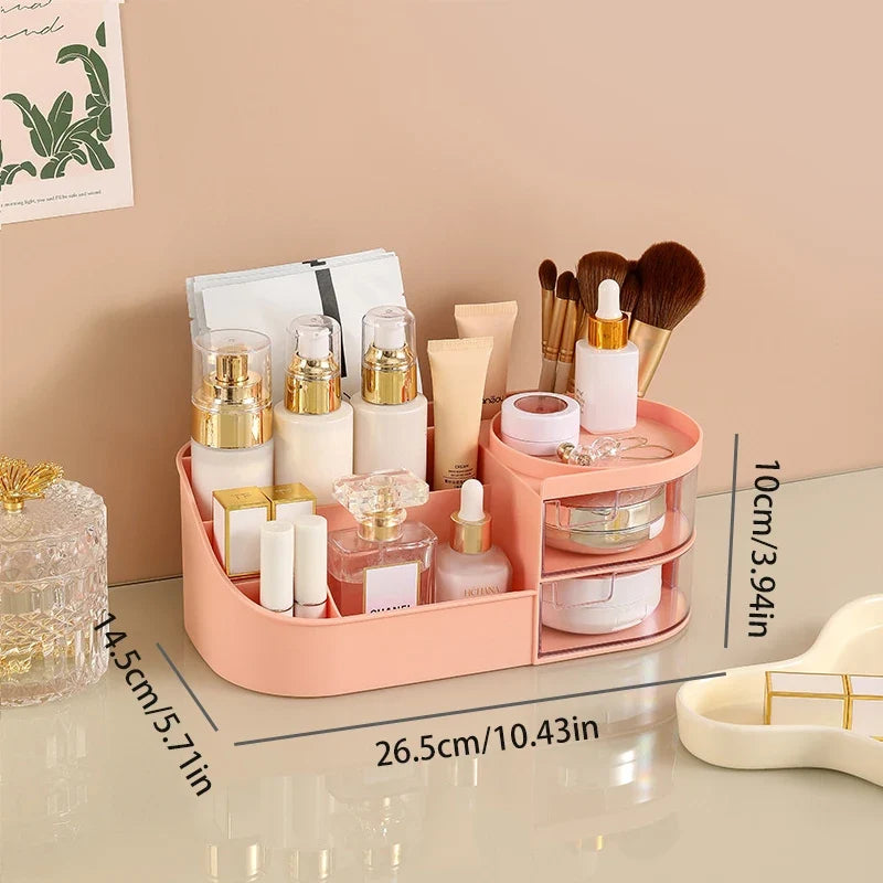 Blushimmer cosmetic storage box with drawer for lipstick, brushes, and skincare products on a countertop.