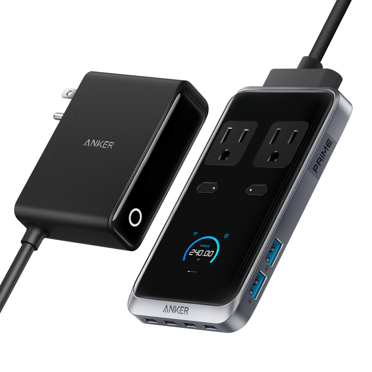 Anker Prime 8-in-1 240W charging station with multiple ports, sleek black design, and organized cable management.