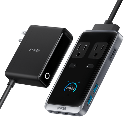 Anker Prime 8-in-1 240W charging station with multiple ports, sleek black design, and organized cable management.