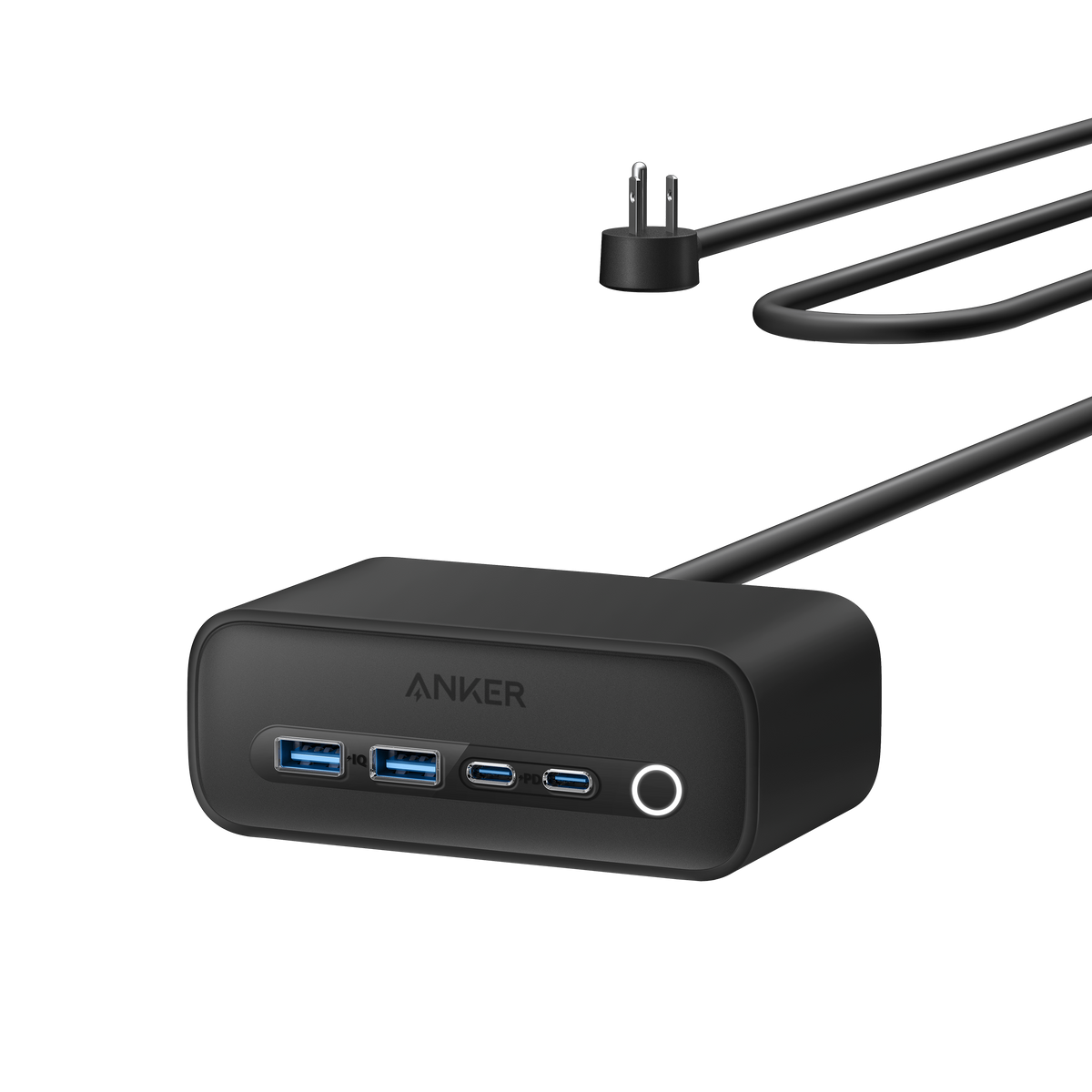 Anker 525 charging station with multiple USB ports for charging devices, sleek black design, and compact form.