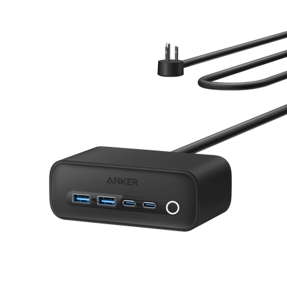 Anker 525 charging station with multiple USB ports for charging devices, sleek black design, and compact form.
