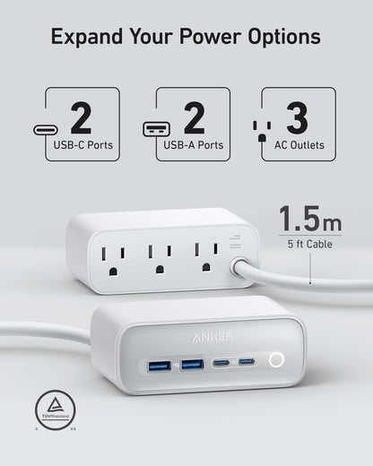 Anker 525 charging station with multiple USB ports for efficient device charging, shown with connected cables.