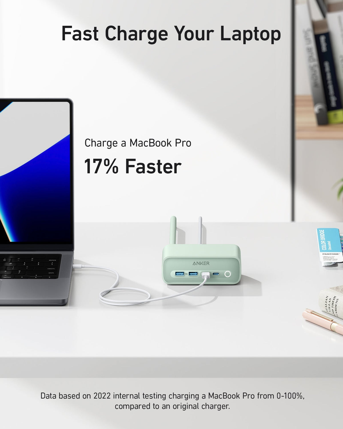 Anker 525 charging station with multiple USB ports for efficient device charging, shown in a sleek, modern design.