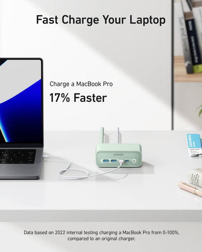 Anker 525 charging station with multiple USB ports for efficient device charging, shown in a sleek, modern design.
