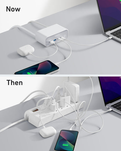 Anker 525 charging station with multiple USB ports for efficient charging of devices, shown with connected cables.