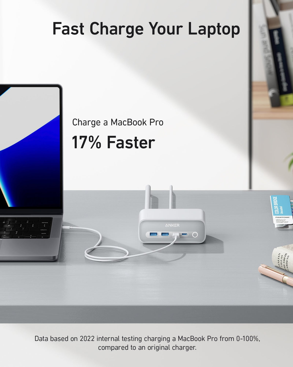 Anker 525 charging station with multiple charging ports and sleek design, shown in a close-up image.
