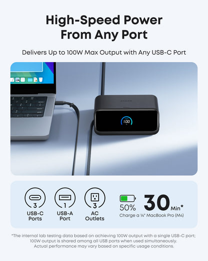 Anker Nano 7-in-1 100W charging station with multiple ports and compact design for fast device charging.