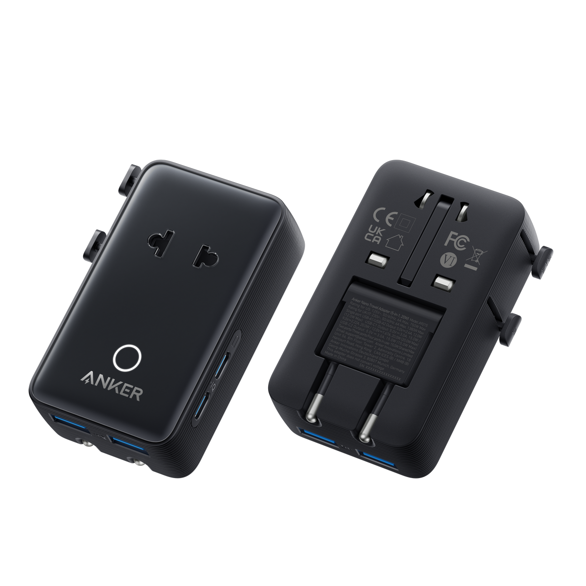 Anker Nano 5-in-1 travel adapter with 20W power, compact design, and multiple USB ports for versatile device charging.