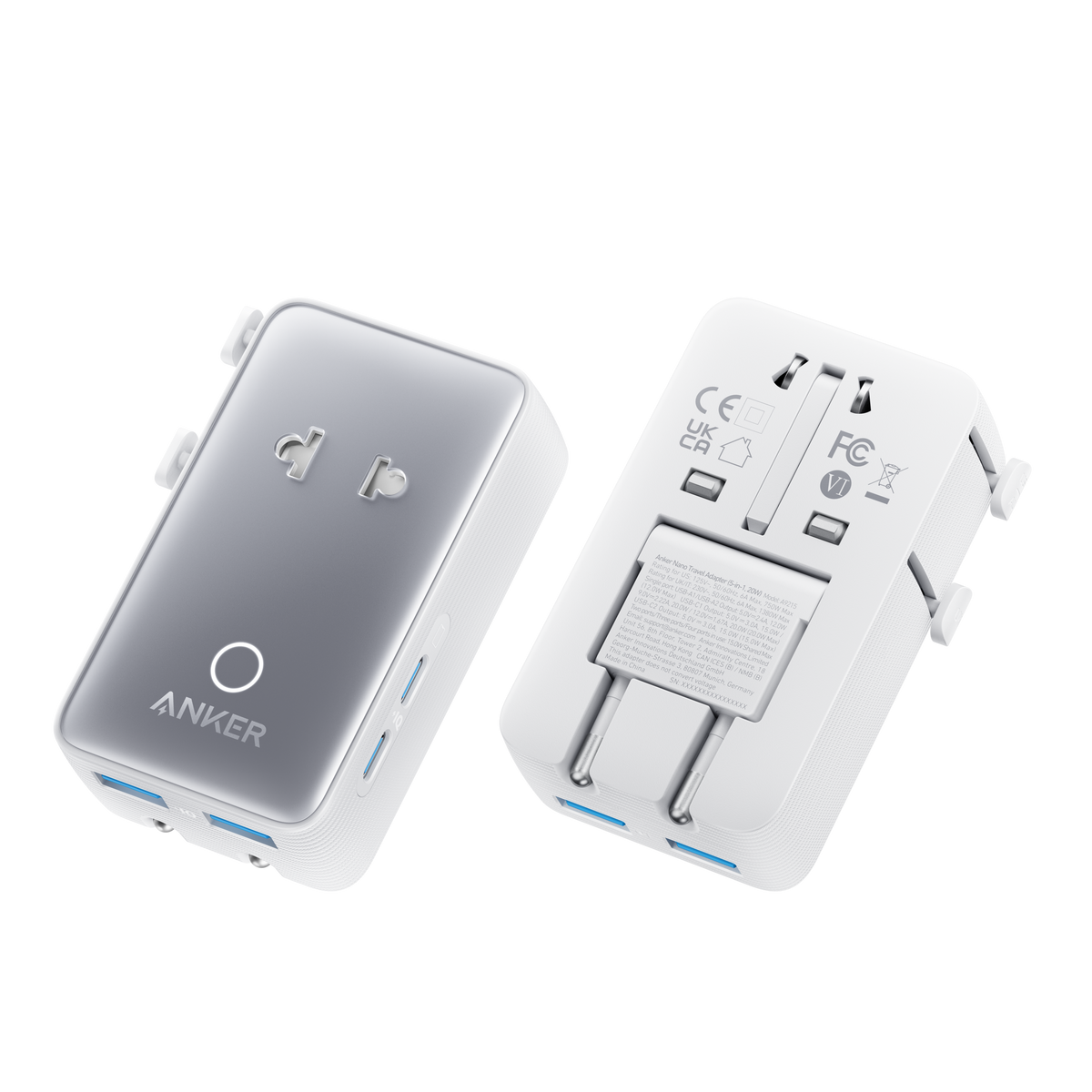 Anker Nano travel adapter with 5-in-1 design showing multiple USB and charging ports on a sleek compact device.