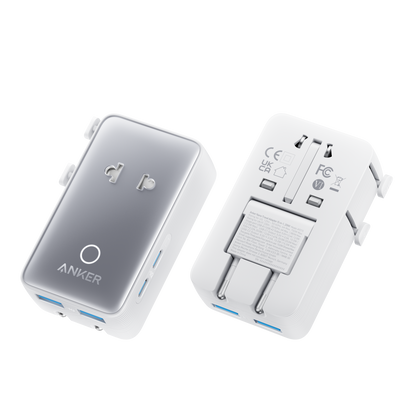 Anker Nano travel adapter with 5-in-1 design showing multiple USB and charging ports on a sleek compact device.