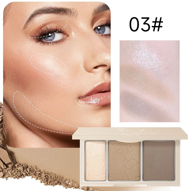 Blushimmer 3-in-1 contouring powder palette with highlighting and contour shades, easy to blend, long-lasting, complexion-enhancing.